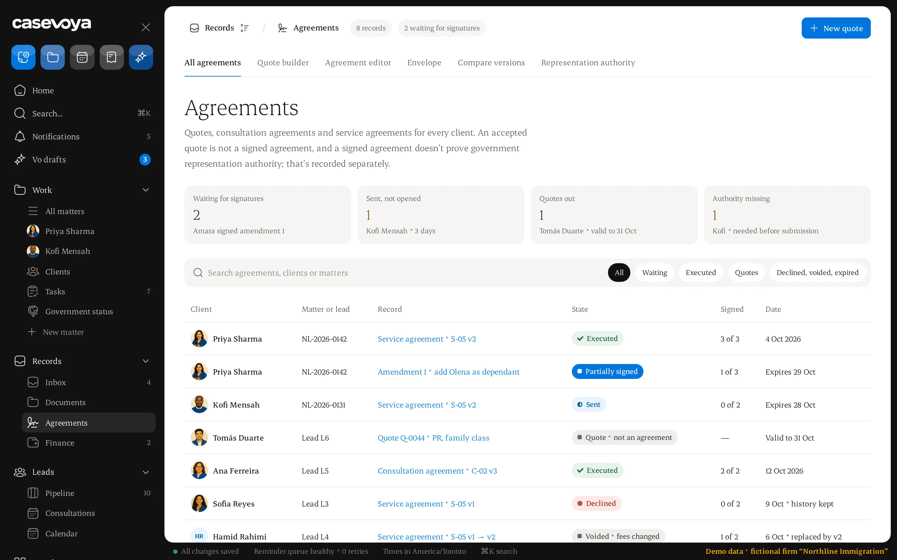 Agreements and quotes with signature progress