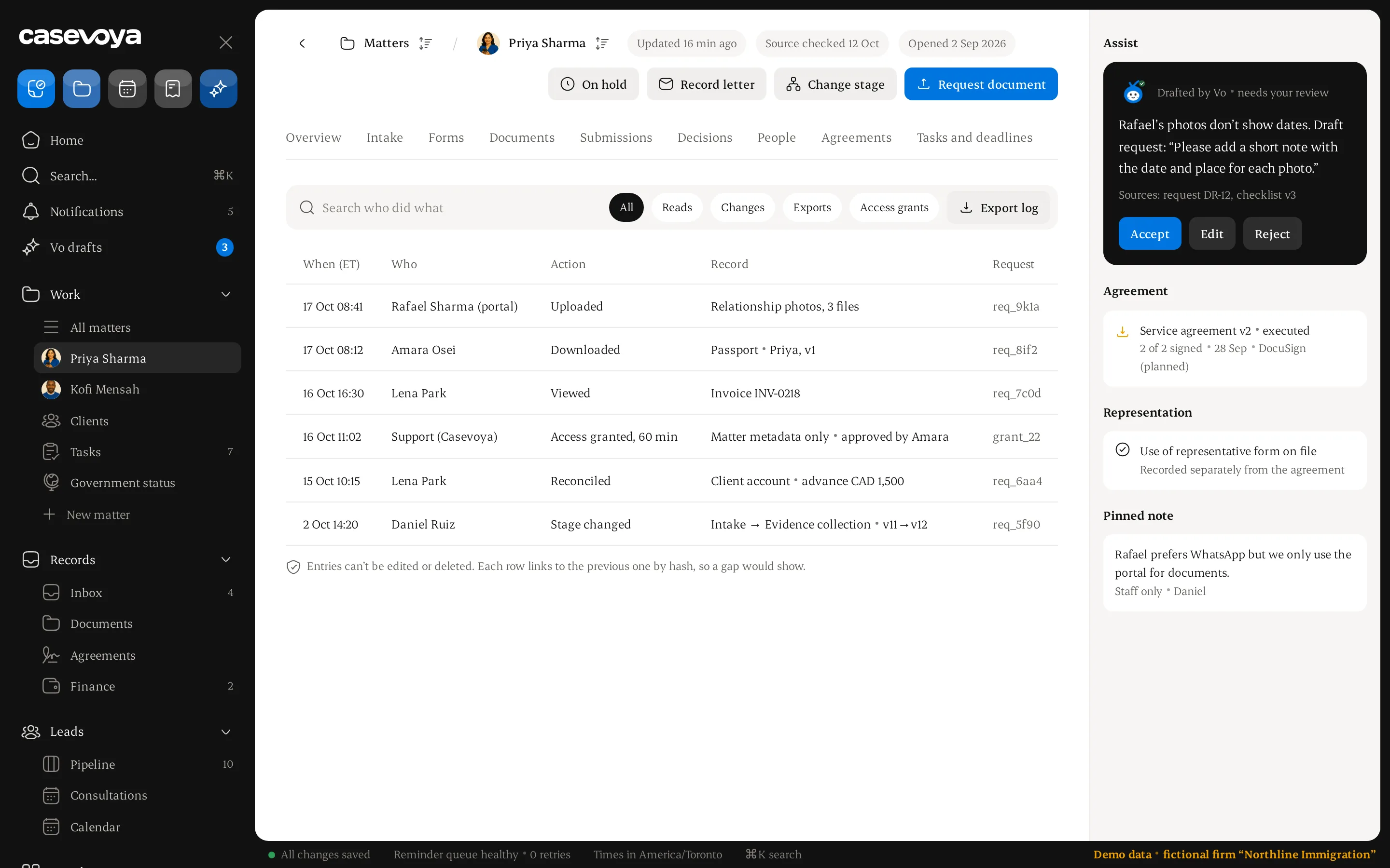 Matter audit trail with reads, downloads and approvals