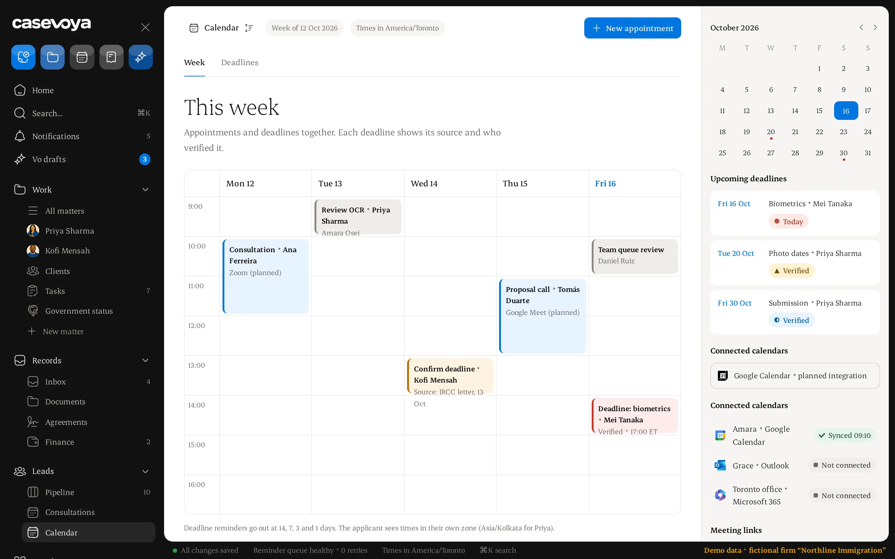 Calendar week with consultations, reviews and deadlines