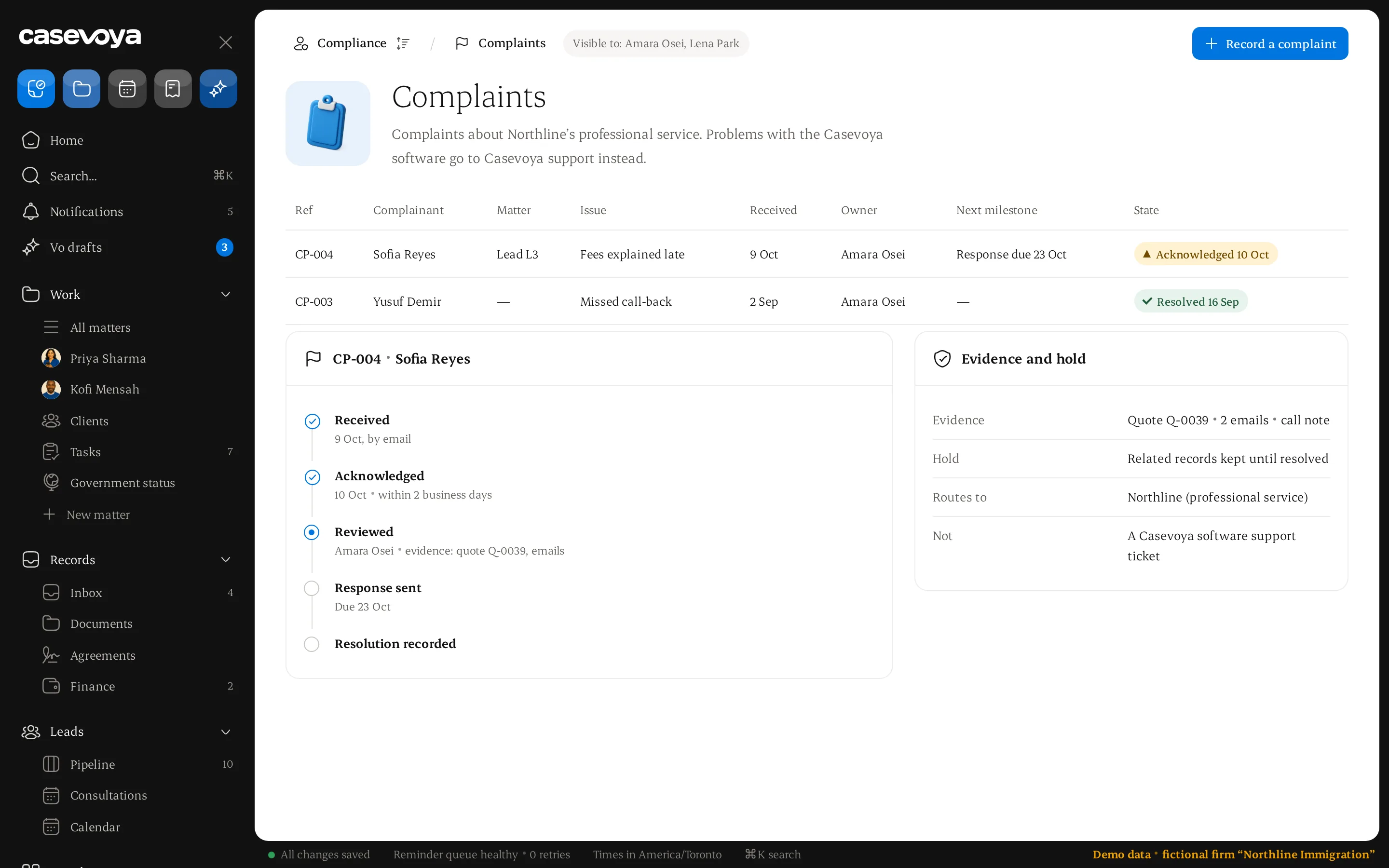 Complaints register with milestones and evidence