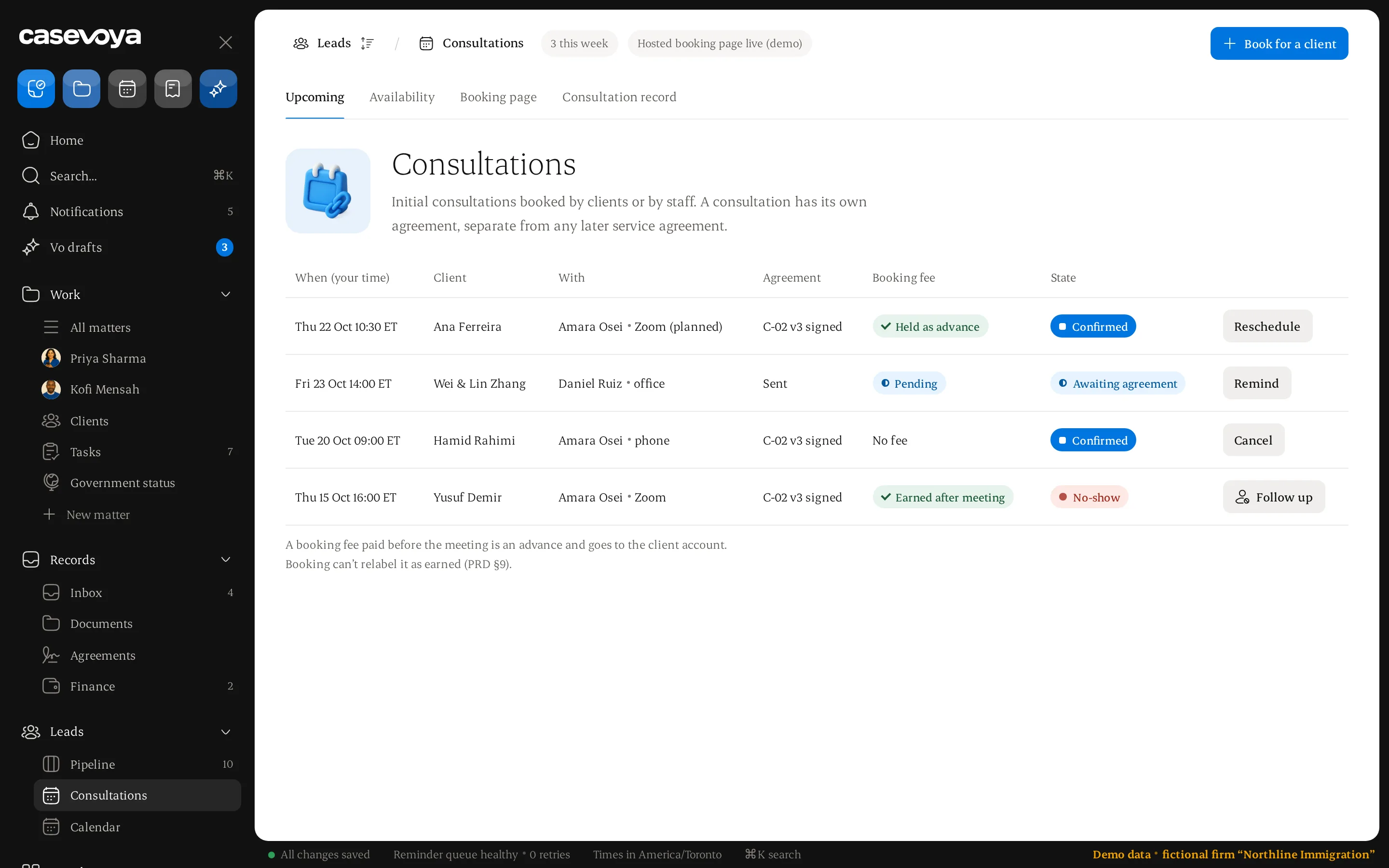 Consultations with agreement, booking fee and status