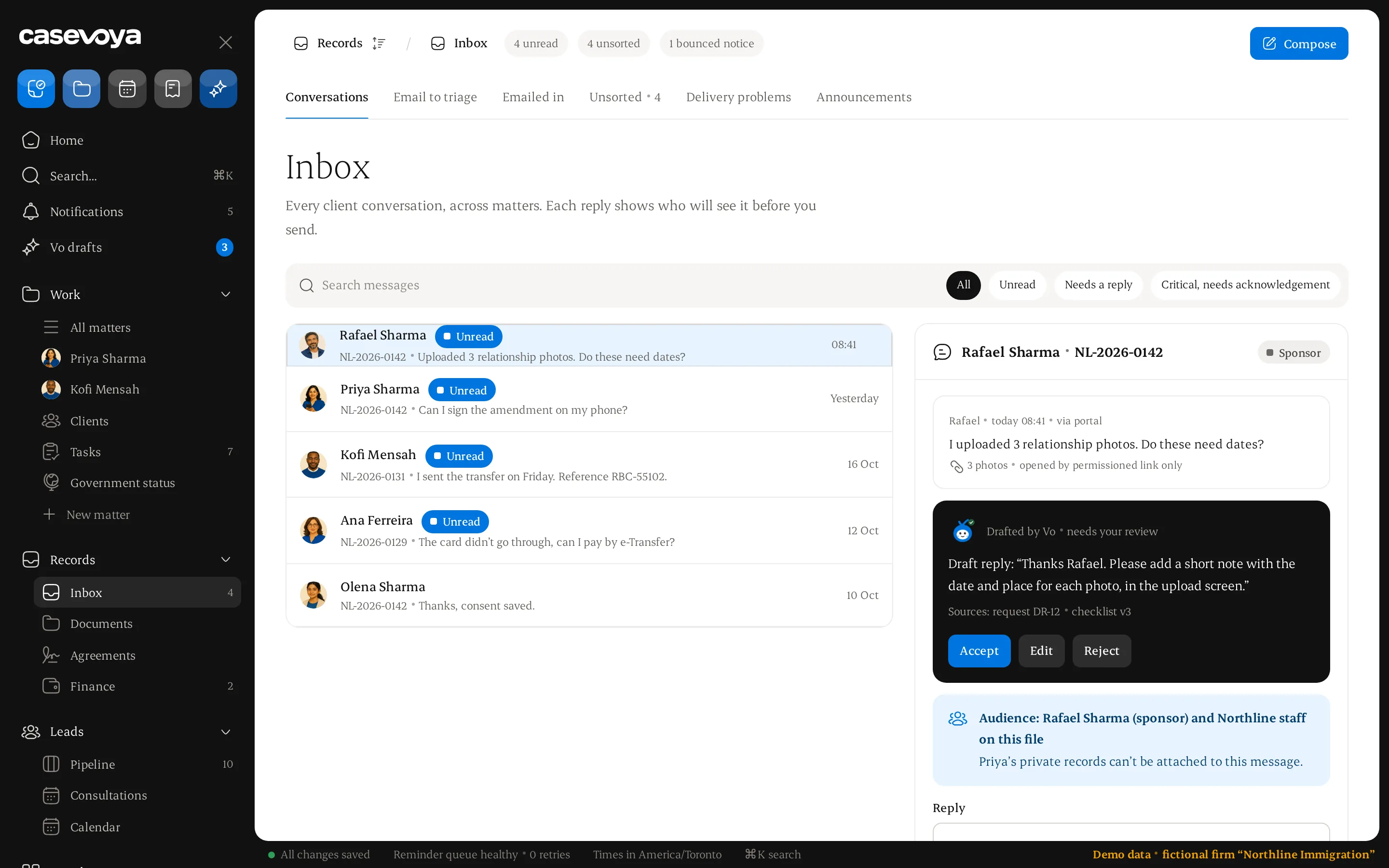 Inbox with client threads, audience and a Vo reply draft
