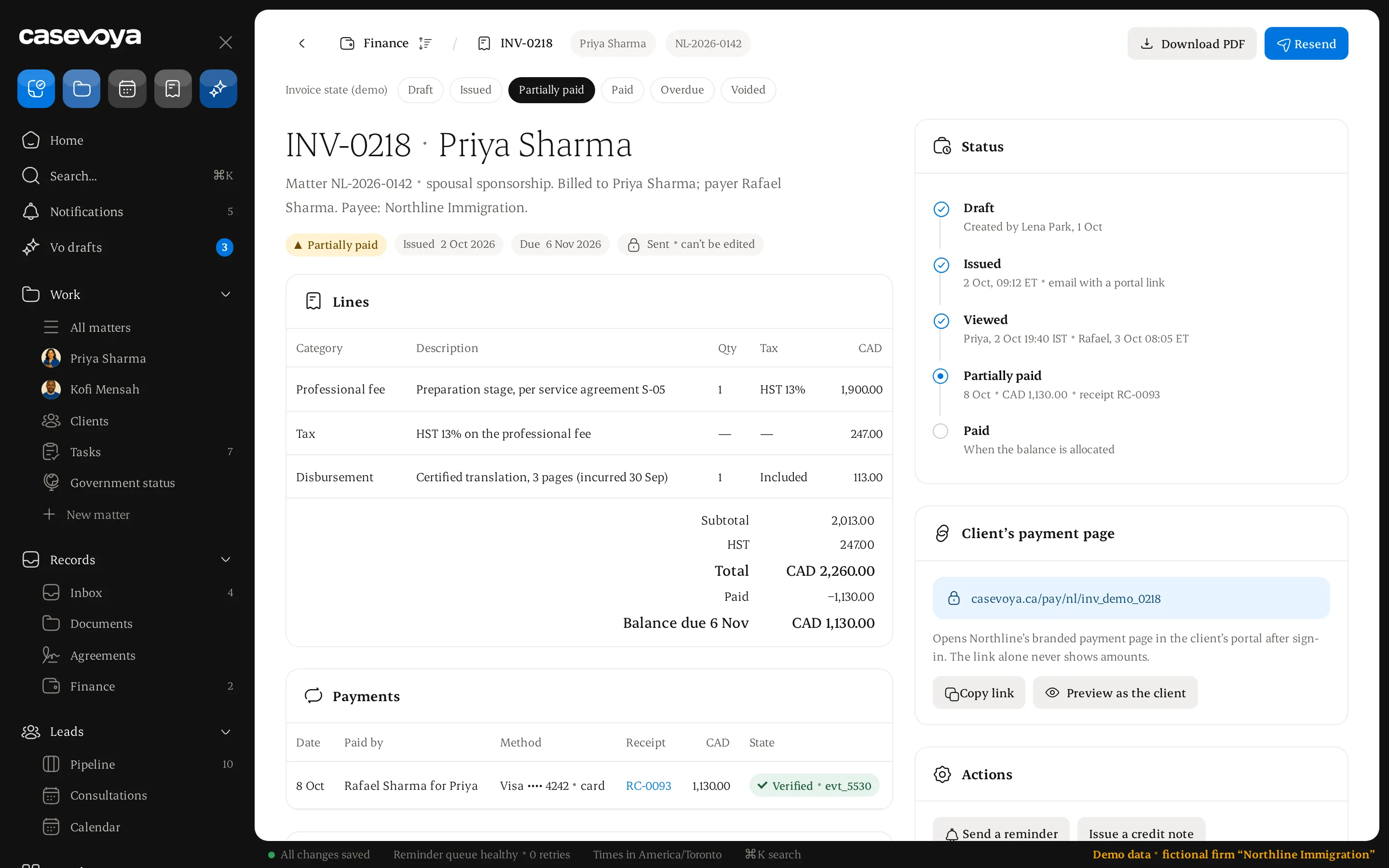 Invoice INV-0218 with lines, payment and status timeline