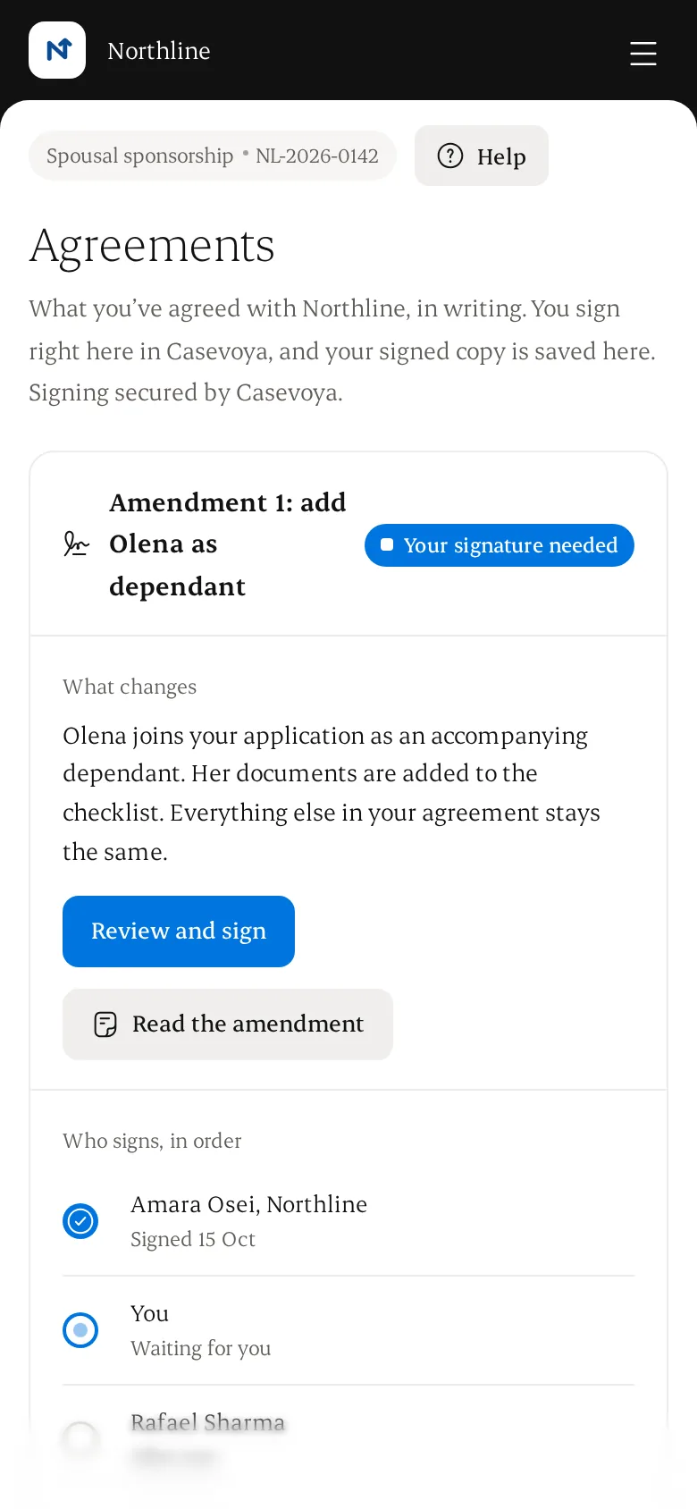 Client reviewing and signing an amendment on a phone