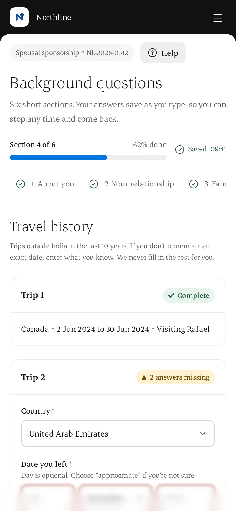 Client answering travel history questions on a phone