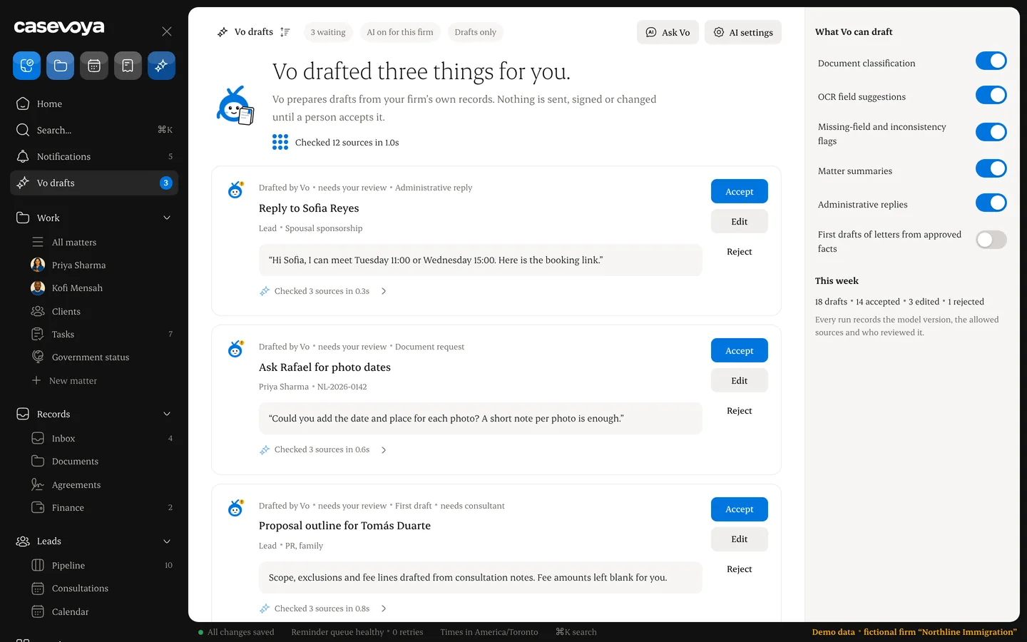 Vo drafts awaiting review, each with accept, edit or reject