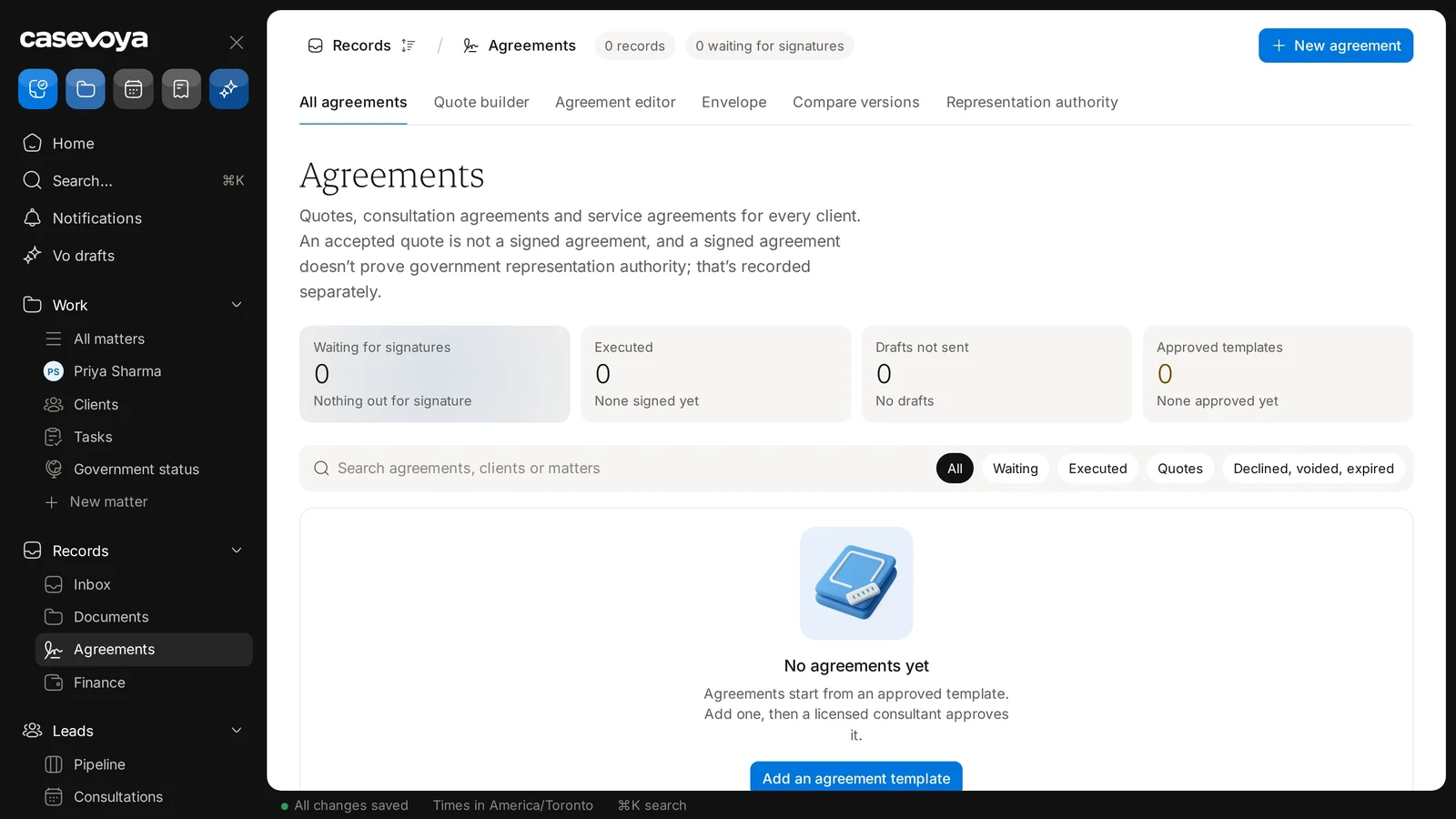 The Waiting for signatures, Executed, Drafts not sent and Approved templates cards. Sample data.