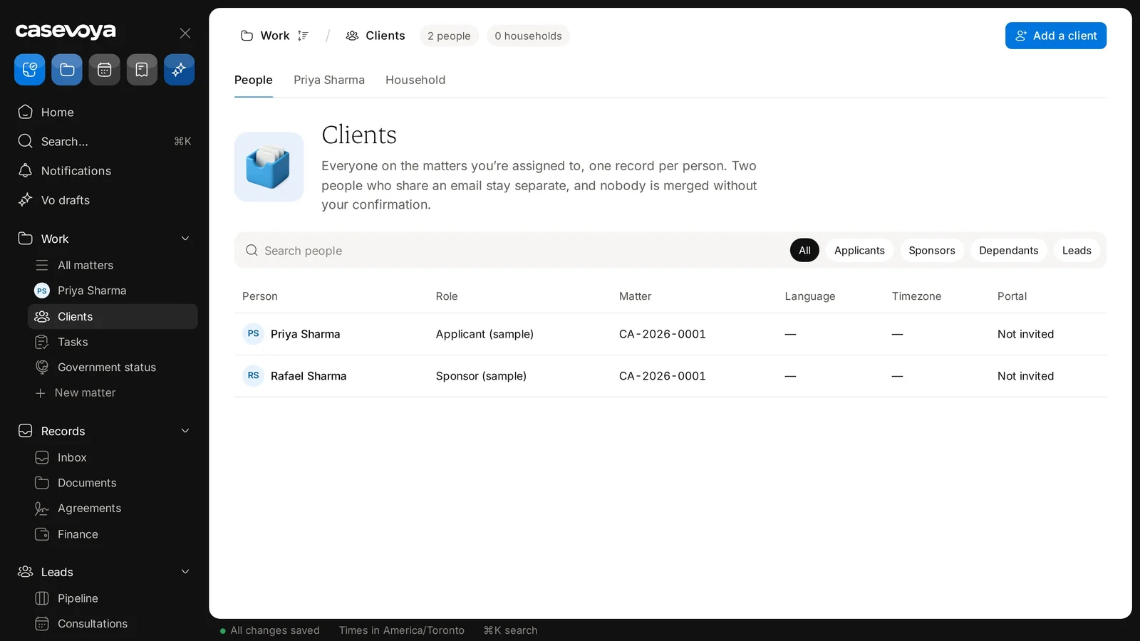 The Language, Timezone and Portal columns on the Clients page. Sample data.