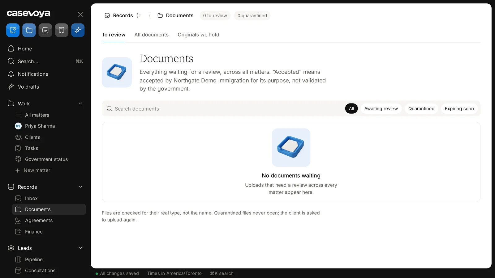 Search documents and the All, Awaiting review, Quarantined and Expiring soon filters. Sample data.