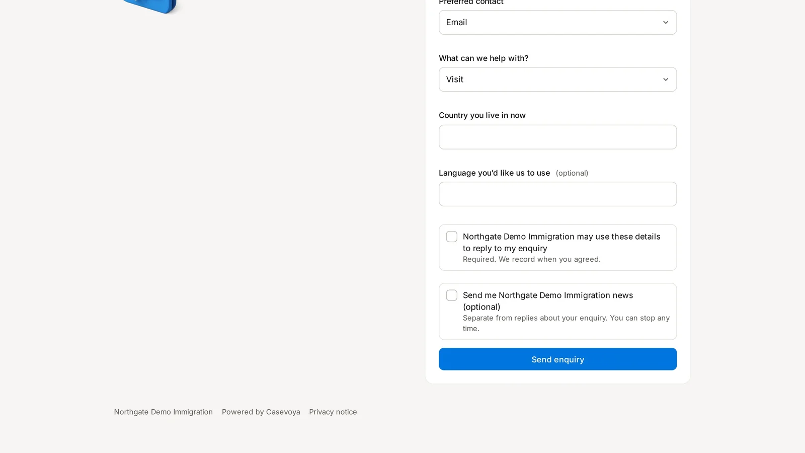 Two separate checkboxes: a required one for replies and an optional one for firm news. Sample data.