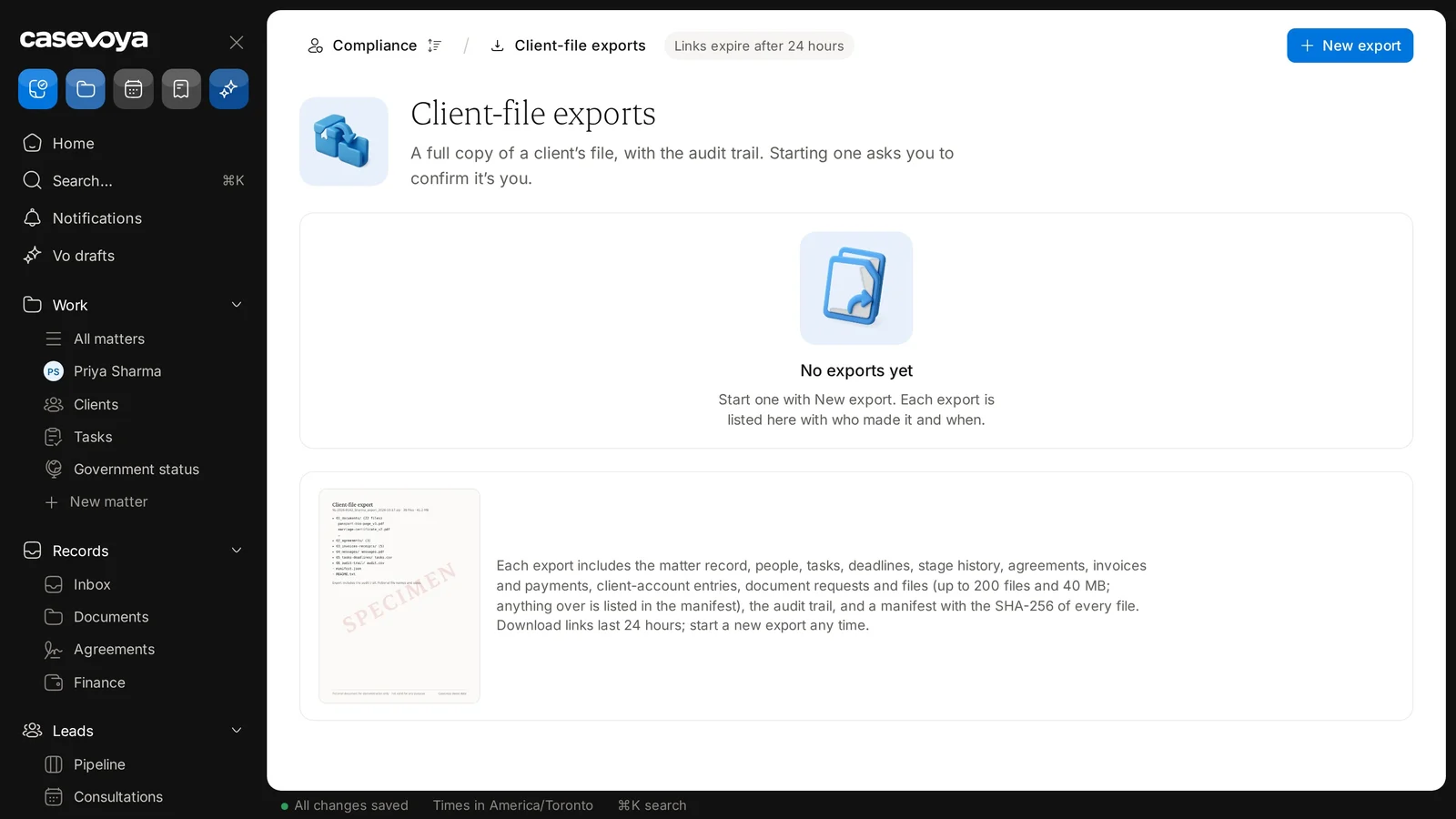 The page lists what each export includes. Sample data.