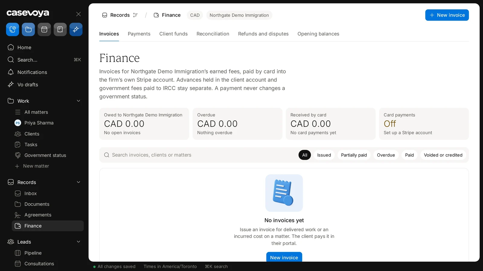 Finance tabs, including Payments. Sample data.