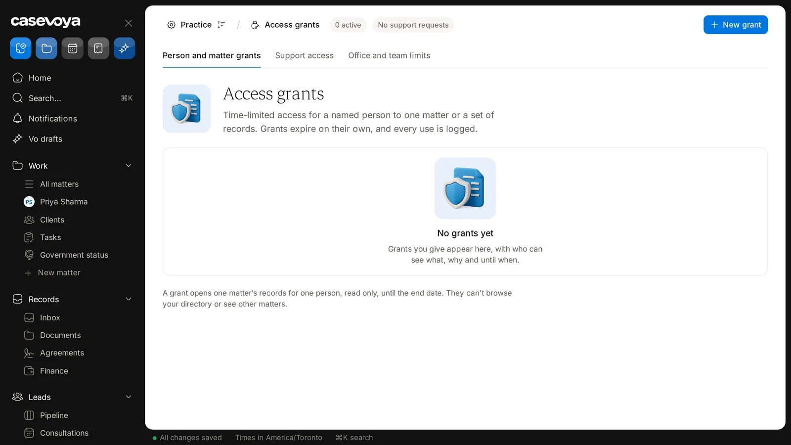 Practice › Access grants, with the Person and matter grants, Support access, and Office and team limits tabs. Sample data.