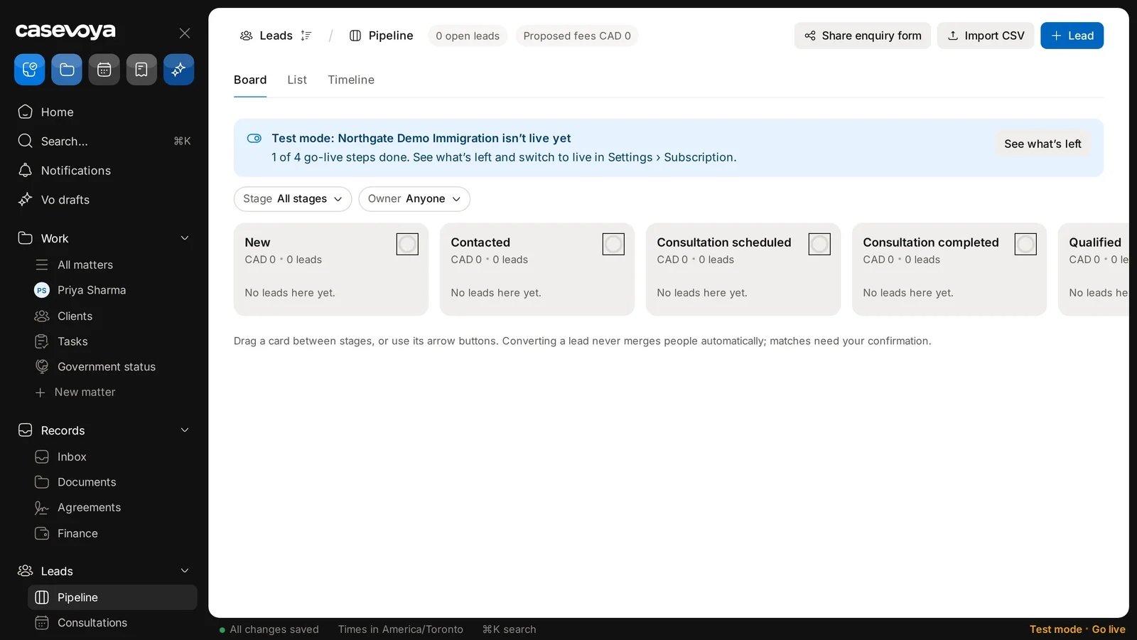 Add a lead with Lead, bring leads in with Import CSV, or use Share enquiry form. Sample data.
